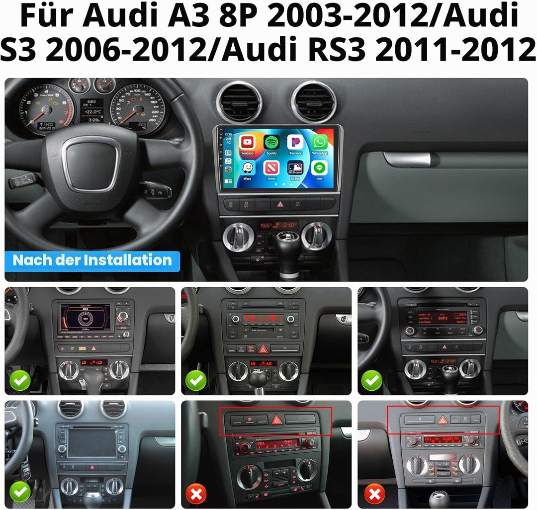 Hikity 2GB+64GB Android 15 Autoradio für Audi A3 (2003-2012) S3 (2006-2012) RS3 (2011-2012) Radio Wi
