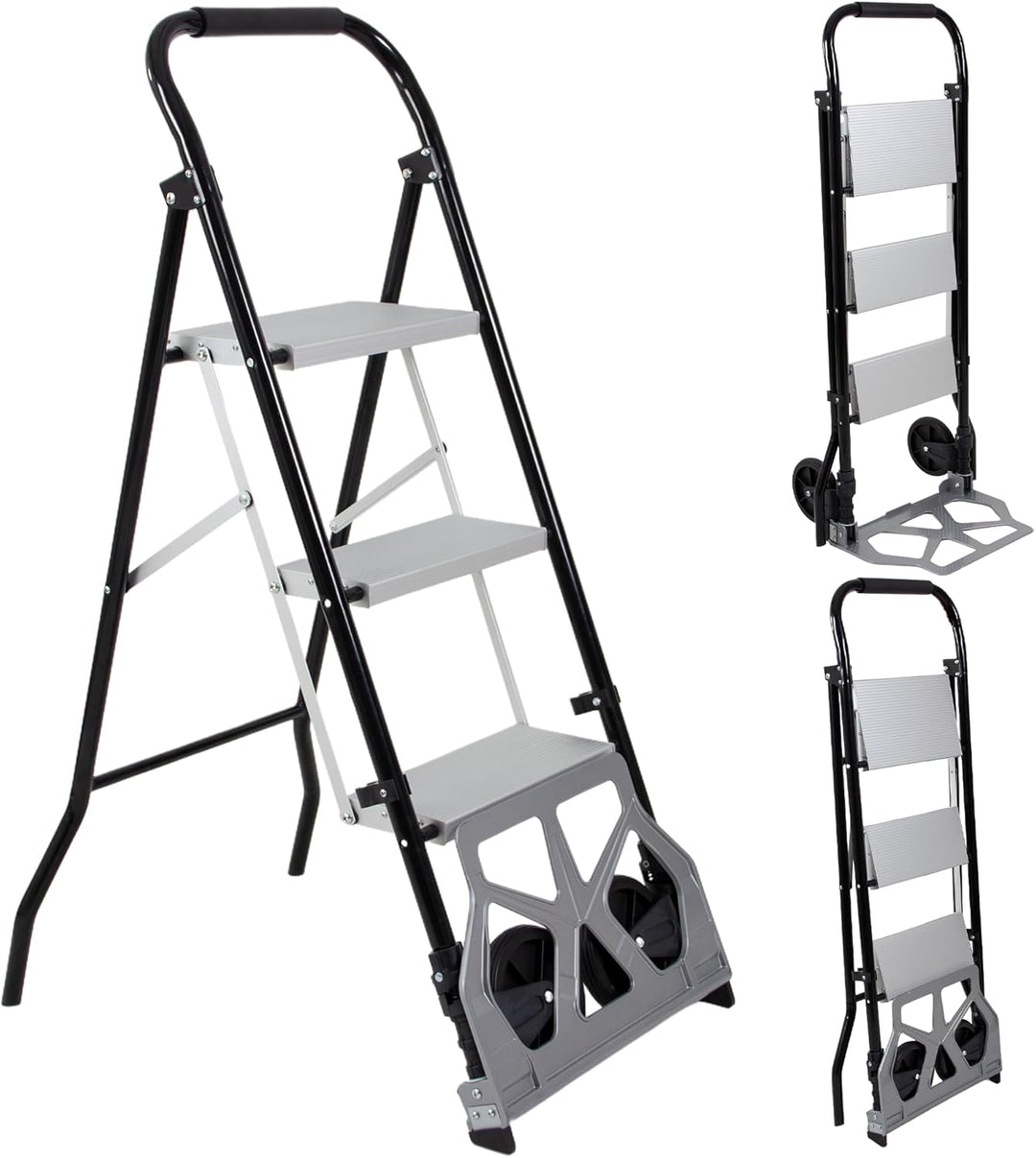 2-in-1 Klappbarer Sackkarren & 3-stufige Leiter, 3-stufige Klappbare Stahlleiter, Umwandlungsfähiger