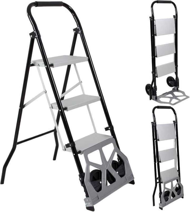 2-in-1 Klappbarer Sackkarren & 3-stufige Leiter, 3-stufige Klappbare Stahlleiter, Umwandlungsfähiger