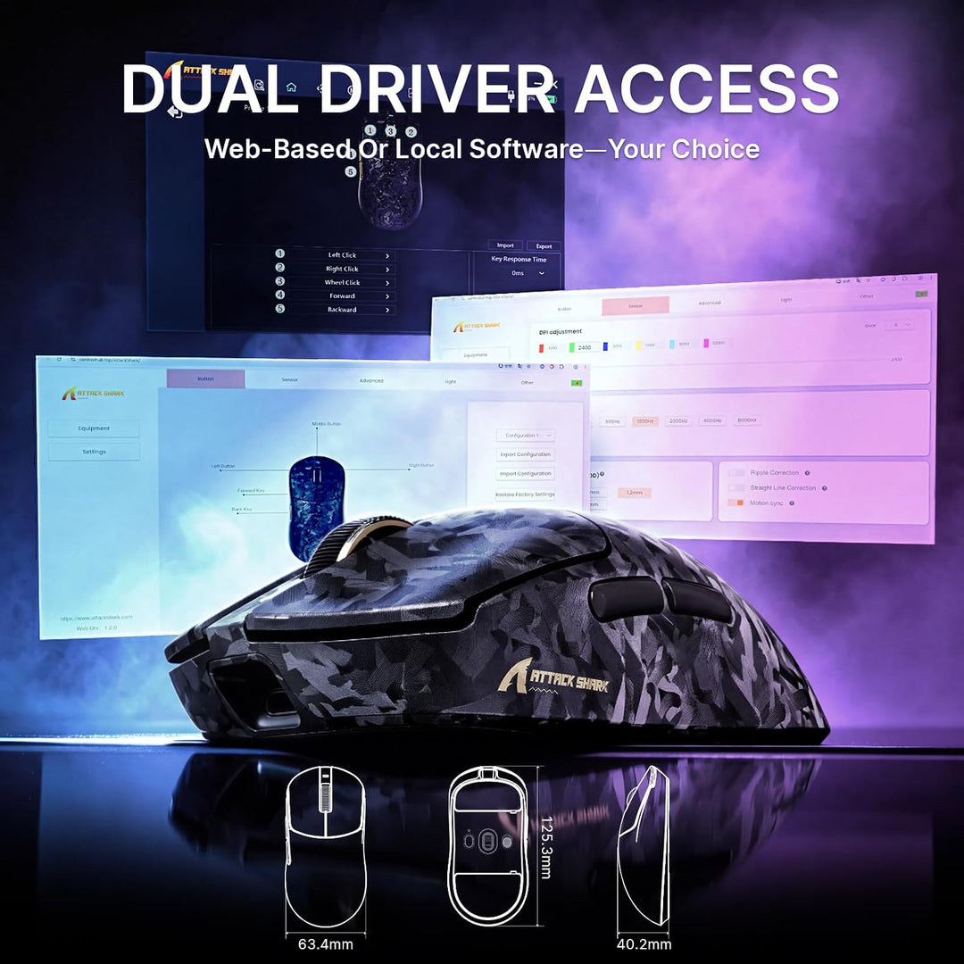ATTACK SHARK RS3 Ultra Kabellose Gaming Maus, PAW3955MAX Sensor, Nordic 54L15 Chip, Kohlefaser, 8K P