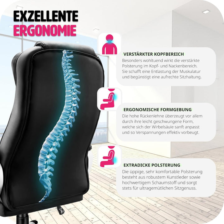 tectake Chefsessel, Bürostuhl ergonomisch, Drehstuhl mit Rollen, Gaming Stuhl, hohe Rückenlehne und