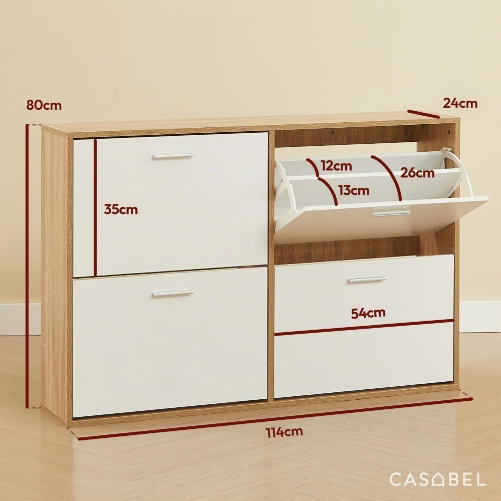 CASABEL Schuhschrank mit 4 Klappen, Schuhregal Weiss & Holz, Modernes Design, Grosse Kapazität für 2