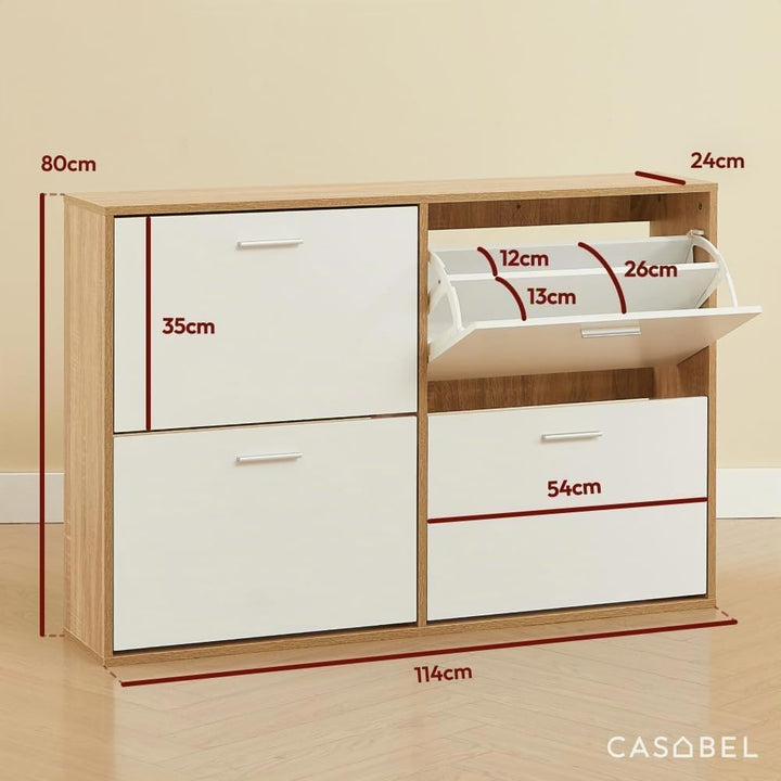 CASABEL Schuhschrank mit 4 Klappen, Schuhregal Weiss & Holz, Modernes Design, Grosse Kapazität für 2