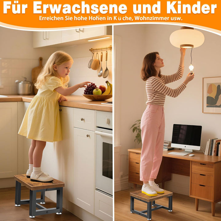 Tritthocker Kinder Stufen, Schwere Metallrahmen und Stabiler Hölz Fusshocker Verdickter Unterbalken