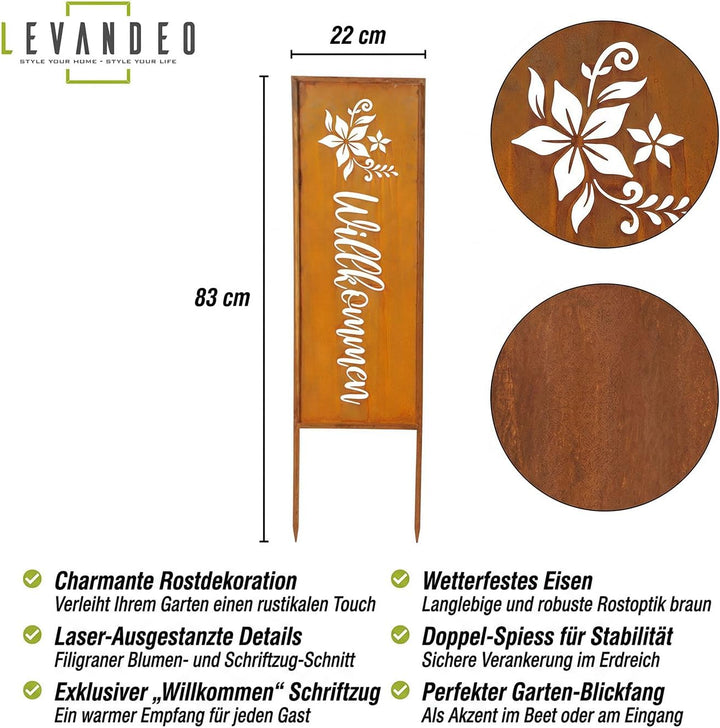 levandeo Willkommen H83cm Stele Rost Rostdeko Braun Gartenstecker Garten-Deko Gartenstecker Gartenst