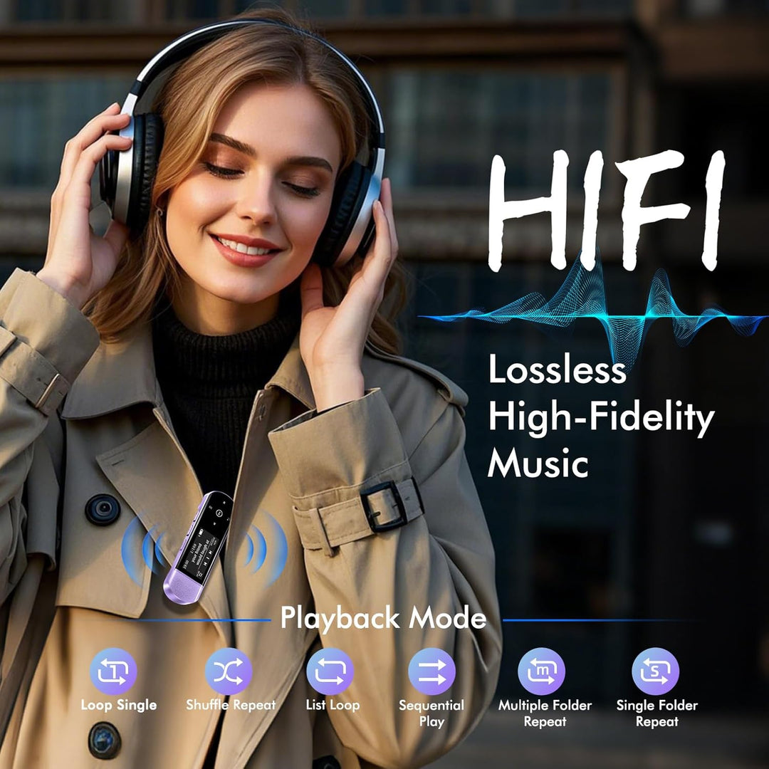 64GB Tragbarer USB MP3 Player mit Bluetooth 5.3, Clip für Sport & Laufen, FM Radio, Voice Recorder,