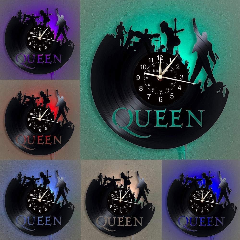 The Queen Rock Music Band Vinyl Wanduhr, LED 7 Farben Nachtlampe Retro Wanduhr, Wohnzimmer, Küche, e