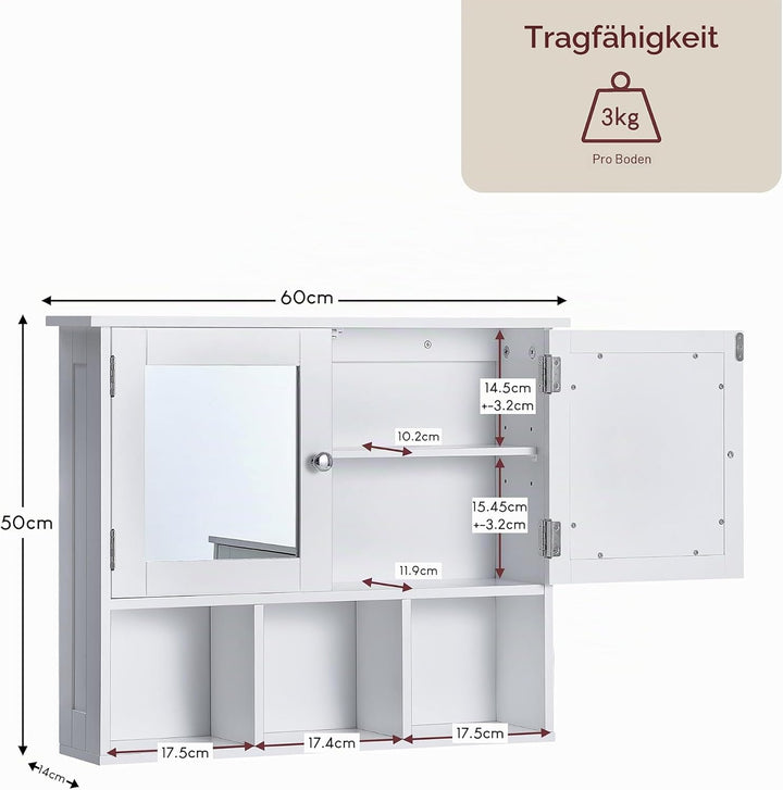 Bath Vida Milano Badezimmer-Spiegelschrank mit 2 Türen, mit Aufbewahrungsfächern, Wandmontage, weiss