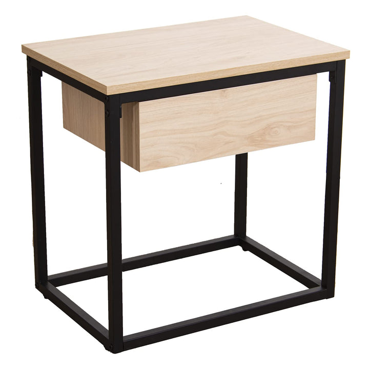 DRW Beistelltisch mit 1 Schublade aus Metall und MDF in Natur und Weiss, 50 x 35 x 50 cm, ESTANDAR