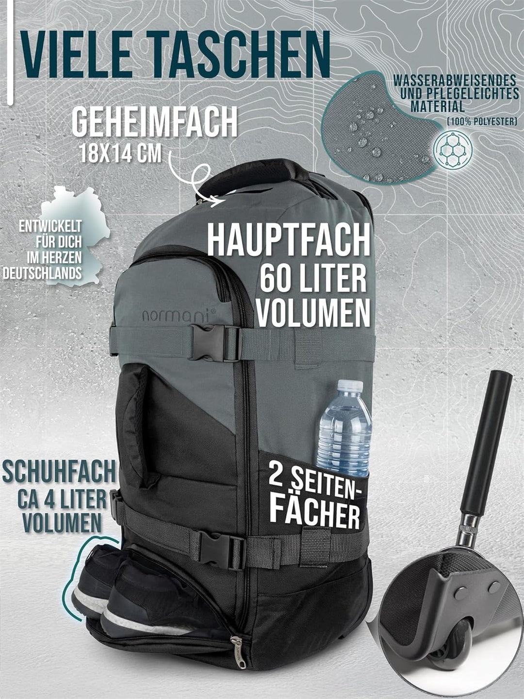 normani Backpacker Reisetaschen-Rucksack mit Trolleyfunktion - Trolley mit Frontloader Funktion und