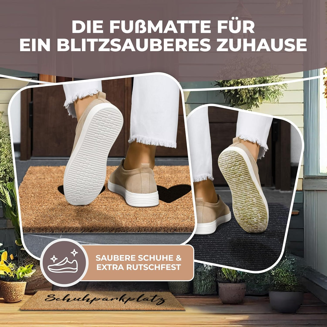 ElbFuchs Kokos Fussmatte 75x25cm mit Schwarze Herzen I Extra strapazierfähige & rutschfeste Kokosmat