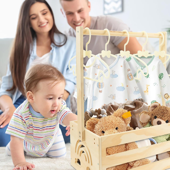 Baby Geschenk Korb,Holz Baby AufbewahrungSkorb mit Griff und 5 KleiderständerBabyparty Dusche Kiste
