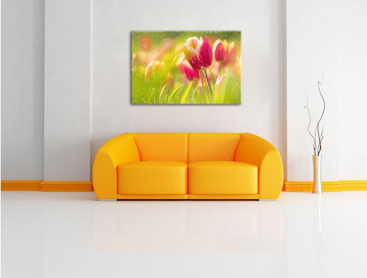 Pixxprint Blühende Tulpen als Leinwandbild/Grösse: 100x70 cm/Wandbild/Kunstdruck/fertig bespannt, 10