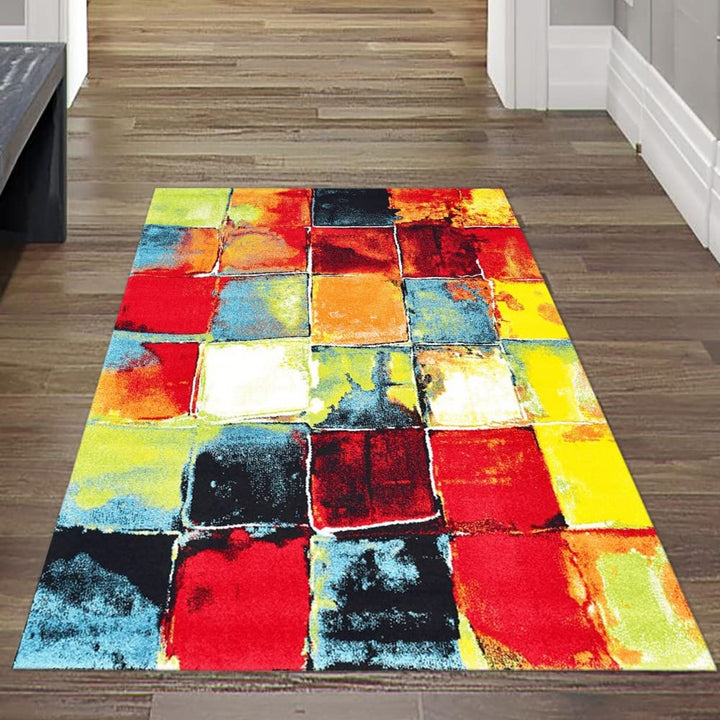 Teppich-Traum Moderner Designer Vorleger Kurzflor Teppich • Bunte Vierecke in blau gelb, Grösse 80x1