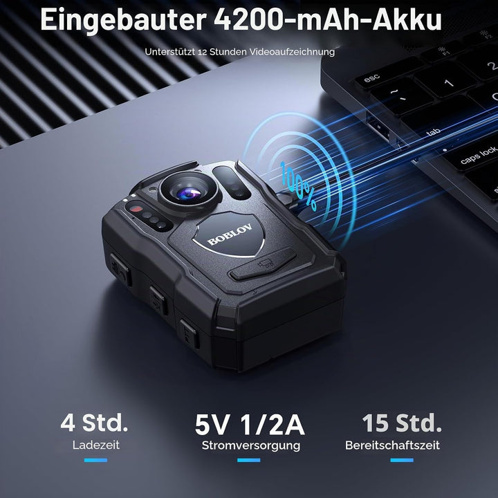 Boblov 256 GB M5 Body Kamera, 2K Body Mounted Kamera, GPS Enabled & 1440P, Built-in 4200 mAh Battery