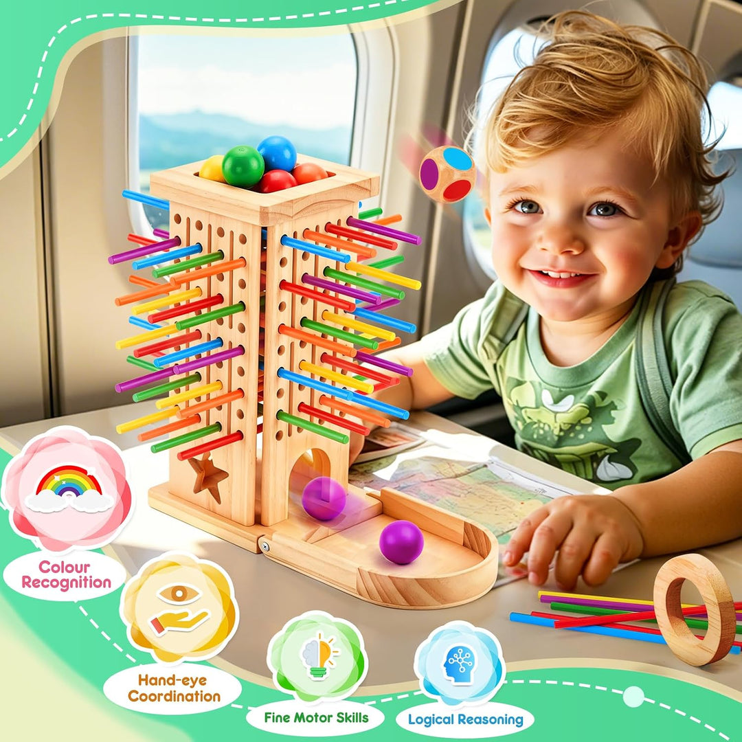 Montessori Spiel Holzbrettspiele für Kinder ab 3 4 5 6 Jahren | Reisespiel, Brettspiel mit 42 Stäbch