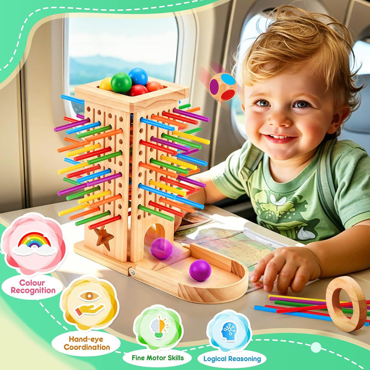 Montessori Spiel Holzbrettspiele für Kinder ab 3 4 5 6 Jahren | Reisespiel, Brettspiel mit 42 Stäbch