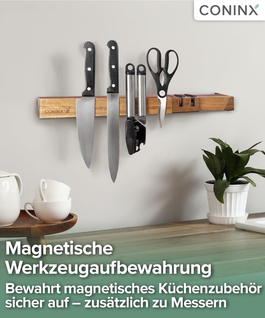 Coninx Wand-Magnetleiste 48 cm aus Akazienholz – Messerleiste mit Doppelreihe & abnehmbarem Doppelsc