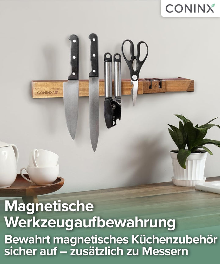 Coninx Wand-Magnetleiste 48 cm aus Akazienholz – Messerleiste mit Doppelreihe & abnehmbarem Doppelsc