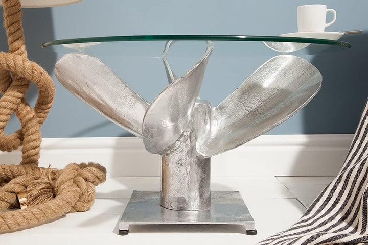 LEBENSwohnART Design Couchtisch ELICA 60cm Silber Aluminium Schiffsschraube Maritim Glasplatte