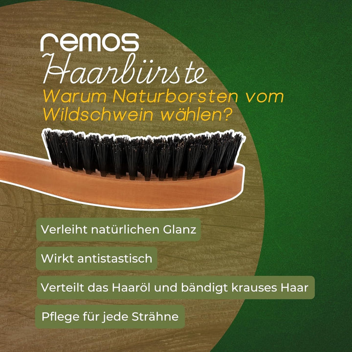 REMOS Haarbürste mit 100% Wildschweinborste aus Birnbaumholz mit breitem Griff breit Birnbaumholz, b