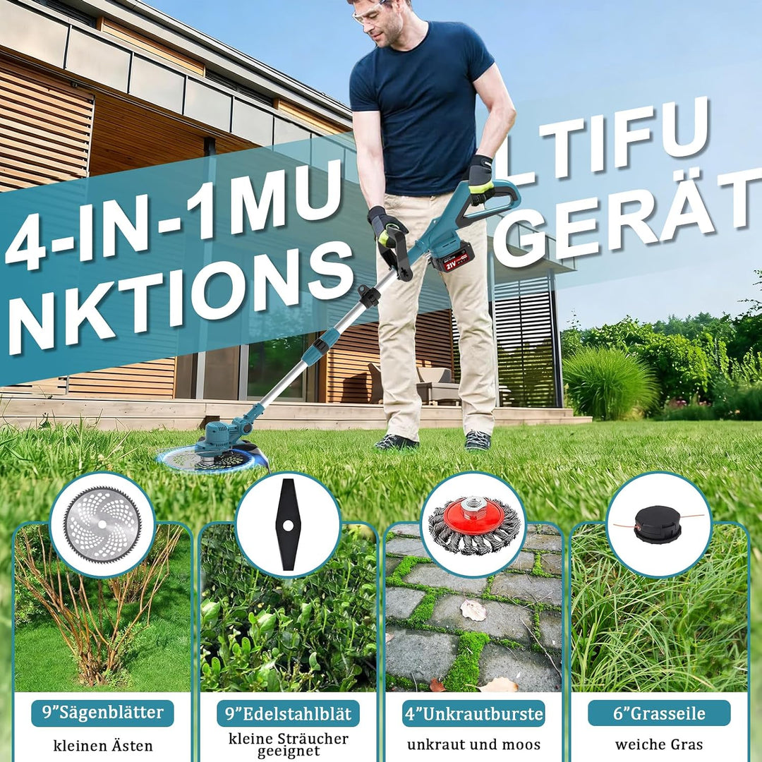 Rasentrimmer für Makita-Akkus mit 4 Klingentypen, Rasentrimmer mit Akku 2 4,0Ah und Unkrautbürste, 4
