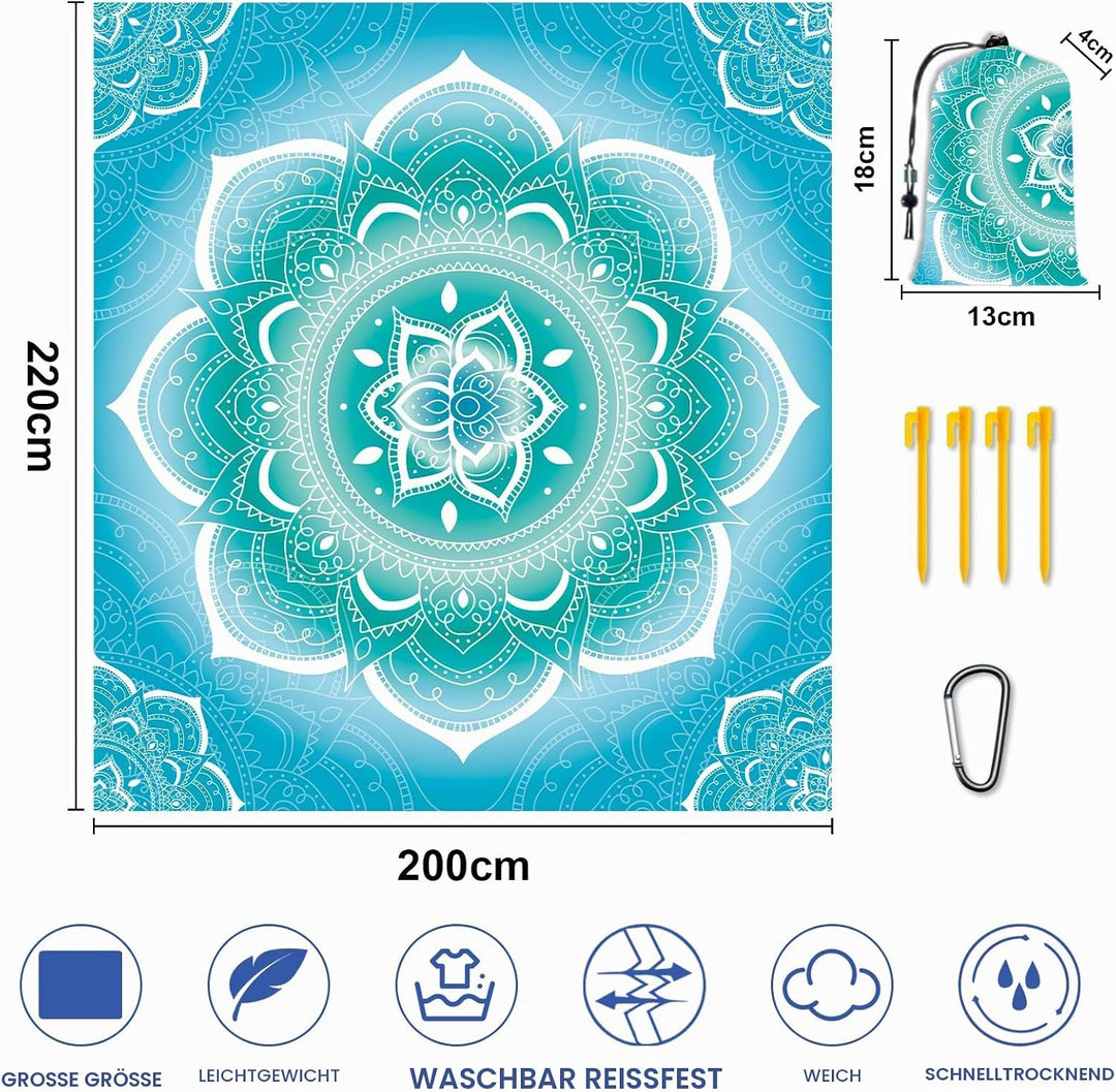 Stranddecke Sandfrei Wasserdicht Mandala 200x220cm Grosse Strandmatte Picknickdecke für 4-6 Personen