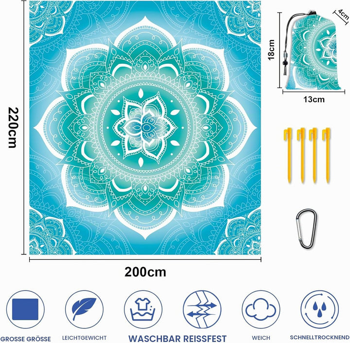 Stranddecke Sandfrei Wasserdicht Mandala 200x220cm Grosse Strandmatte Picknickdecke für 4-6 Personen