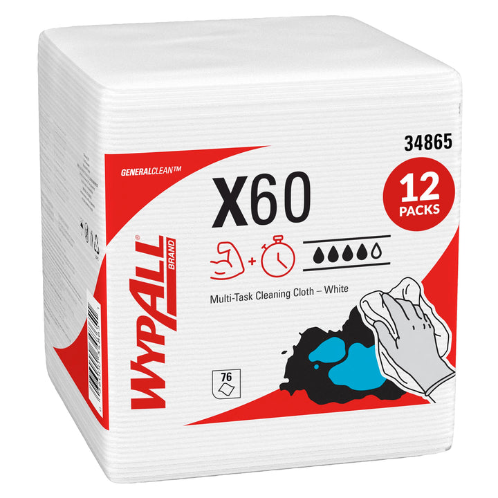 WYPALL* X60 1/4-gefaltete Tücher 6034 – 12 Packungen mit jeweils 76 viertelgefalteten, weissen Tüche