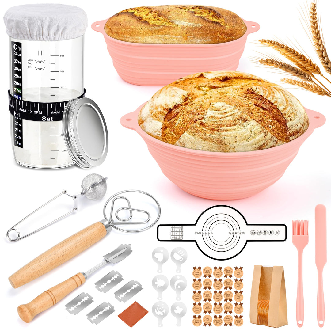 Charmofun Gärkörbchen Sauerteig Starter Set, Gärkorb Brot mit 2 Silikon Gärkorb Oval und Rund, Kompl