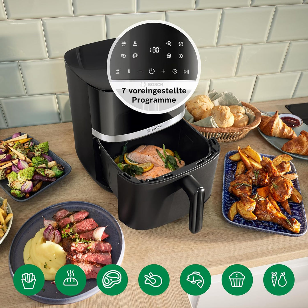 Bosch Heissluftfritteuse Serie 4, XL Air Fryer, schwarz, 6,1 L Fassungsvermögen, 7 Voreinstellungen,