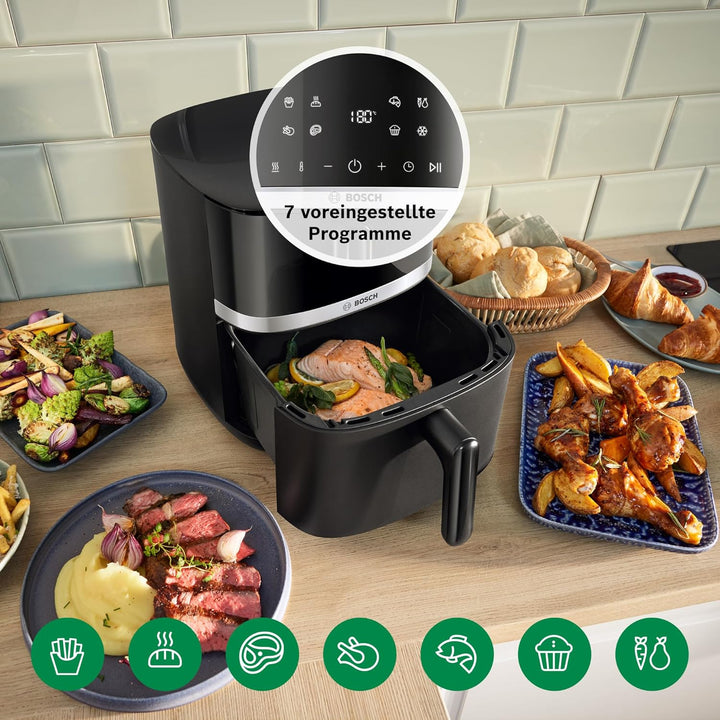 Bosch Heissluftfritteuse Serie 4, XL Air Fryer, schwarz, 6,1 L Fassungsvermögen, 7 Voreinstellungen,