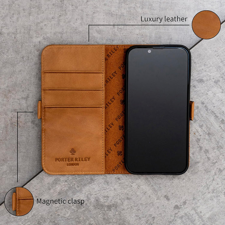 Porter Riley - Lederhülle für iPhone 14. Premium Echtleder Standhülle/Ledertasche/Brieftasche mit [K