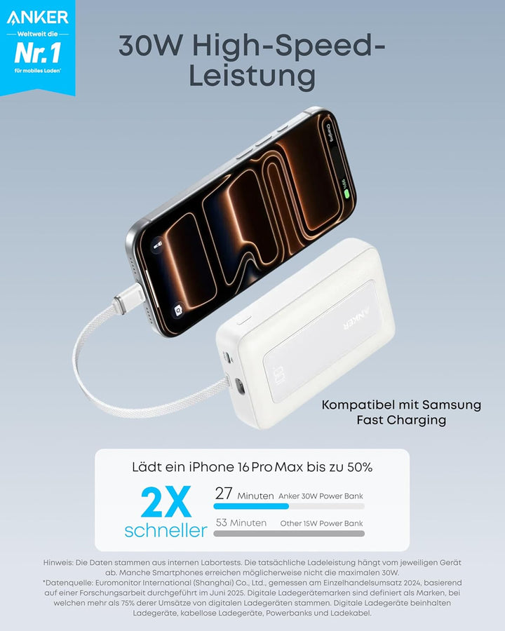 Anker portables Ladegerät, 10.000mAh 30W Powerbank, USB-C In und Out, Akkupack, Powerbank für Reisen