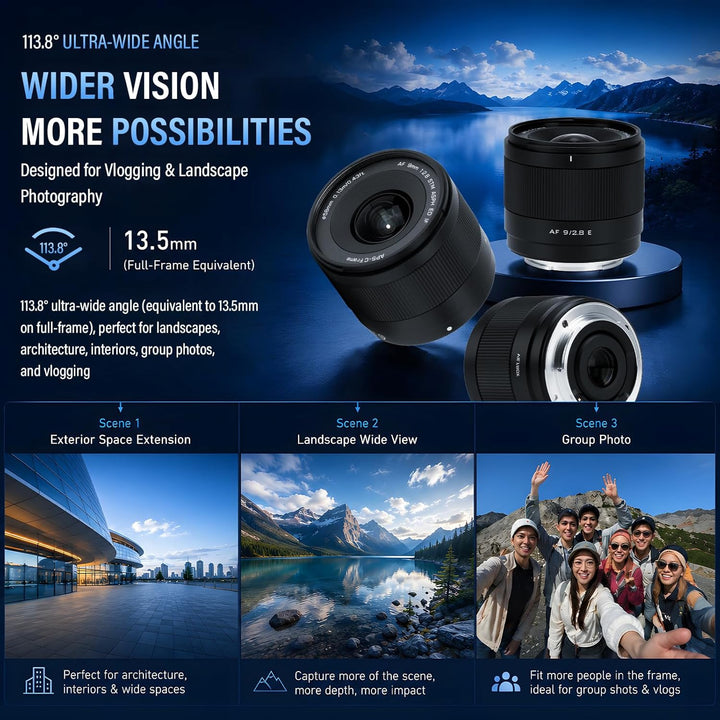 VILTROX 9mm F2.8 E Air AF 9mm F2.8 E Mount Objektiv für Sony E,Autofokus APS-C Ultraweitwinkel Prime