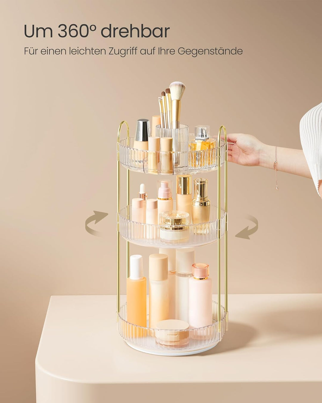 SONGMICS Make-up Organizer drehbar, Kosmetik-Organizer rund, 3 Ebenen, Kosmetik Aufbewahrung, anpass