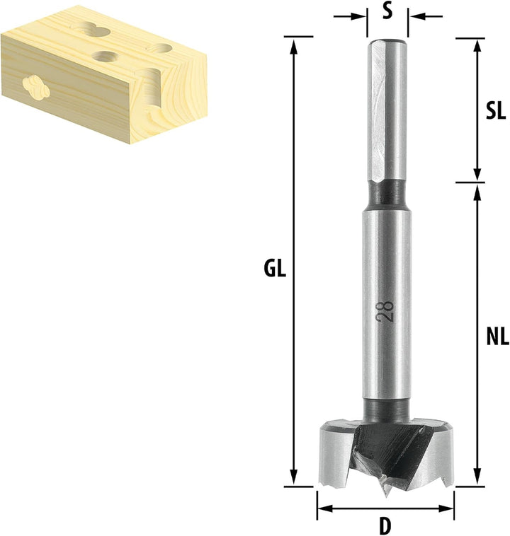ENT 40015 Forstnerbohrer "Wave Cutter" Durchmesser (D) 15 mm, NL 60 mm, GL 90 mm, S 8 mm, SL 30 mm D