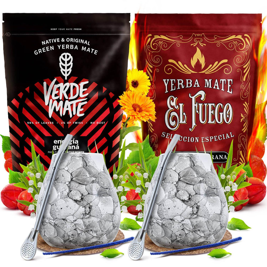 El Fuego, Verde Mate Green Mate Tee Set 1kg - Yerba Mate Energie Guarana Doppelset - 2x Mate Becher