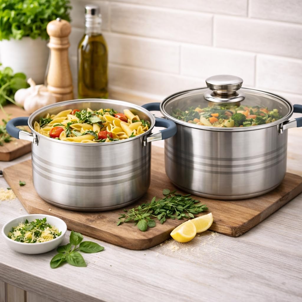 Topfset Edelstahl 10-teilig – Induktion Kochtopf Set mit Glasdeckeln, Töpfe Set Ø18–26 cm, Spülmasch
