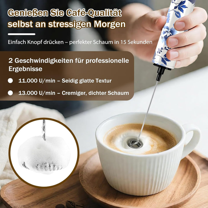 Milchschäumer Elektrisch USB-C mit 5 Wechselbaren Edelstahl-Schneebesen–2 Einstellbare Geschwindigke