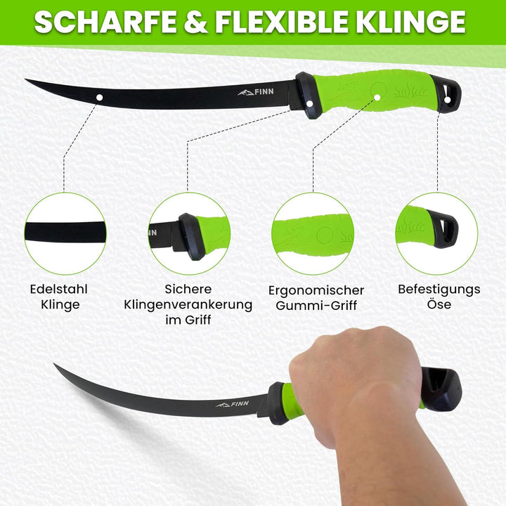 FINN Outdoors Filetiermesser Set Edelstahl Angelmesser, Fischmesser, Ausbeinmesser mit 2in1 Messersc