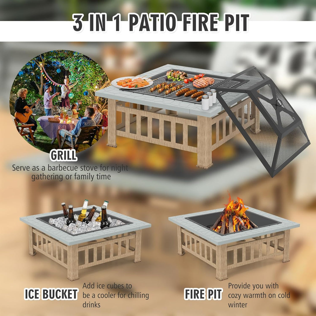 KOMFOTTEU Feuerschale Feuerkorb, Feuerstelle mit Grillrost & Decekl, Flammschale 81 x 81cm Outdoor,