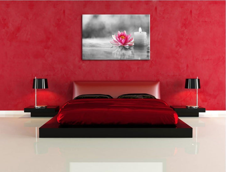 süsse Seerose neben Kerze schwarz/weiss Format: 100x70 auf Leinwand, XXL riesige Bilder fertig gerah