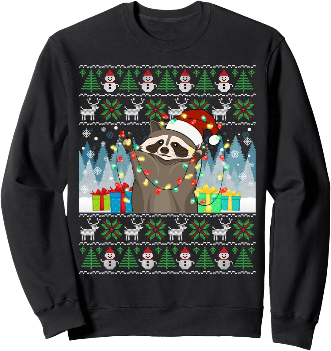 Waschbär Hässlicher Weihnachtspullover Xmas Lights Santa Waschbär Sweatshirt