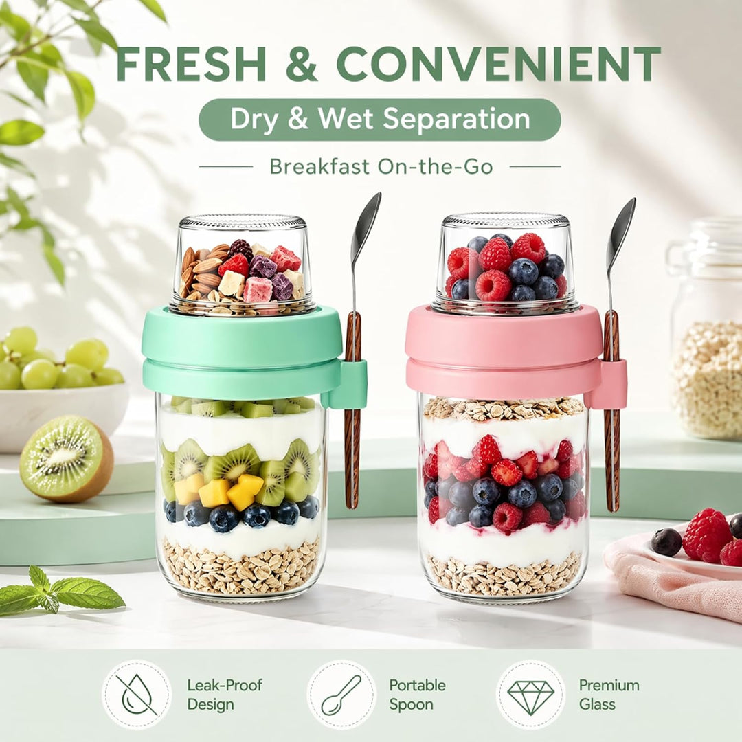 Müslibecher to Go mit Löffel,4 Stück Joghurtbecher mit Toppingbehälter,Overnight Oats Glas, Auslaufs