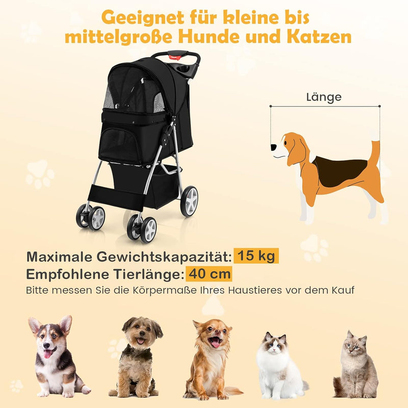 COSTWAY Hundewagen Haustiere Buggy bis 15kg, Hundebuggy mit Netzfenstern & Getränkehalter & Anhänger