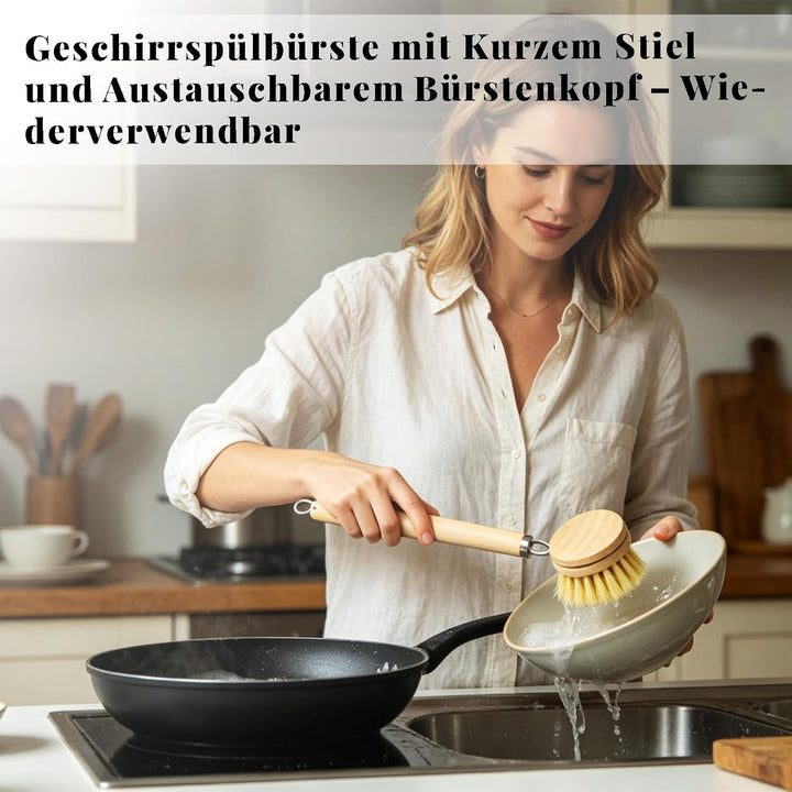 5 Stück Bambus Spülbürsten-mit Spülbürste Holz, 14’’ Flaschenbürste, Ersatzköpfen, Abwaschbürste*2 -