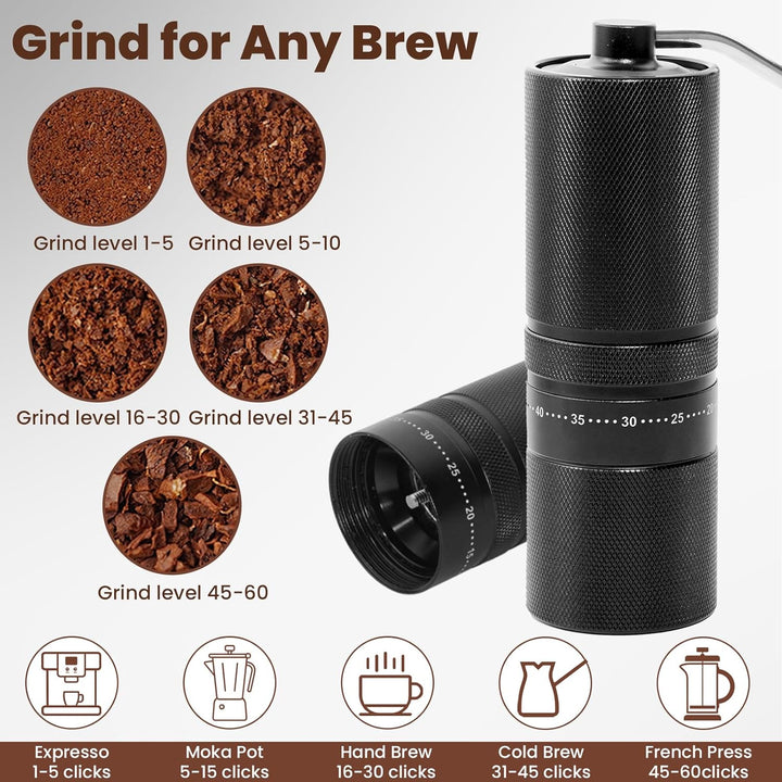 Manuelle Kaffeemühle mit 60 einstellbaren Stufen, geradem Griff für French Press, Filterkaffee und E