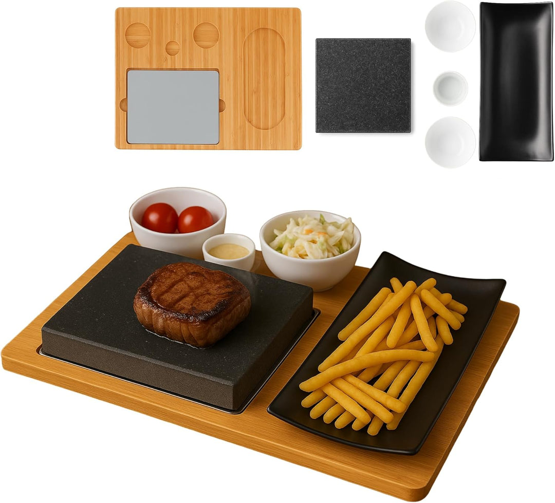 Lavastein Steakbrett, Servierplatte, Bambusbrett mit Hot Stone Grill, Steak Grillplatte, Steinplatte