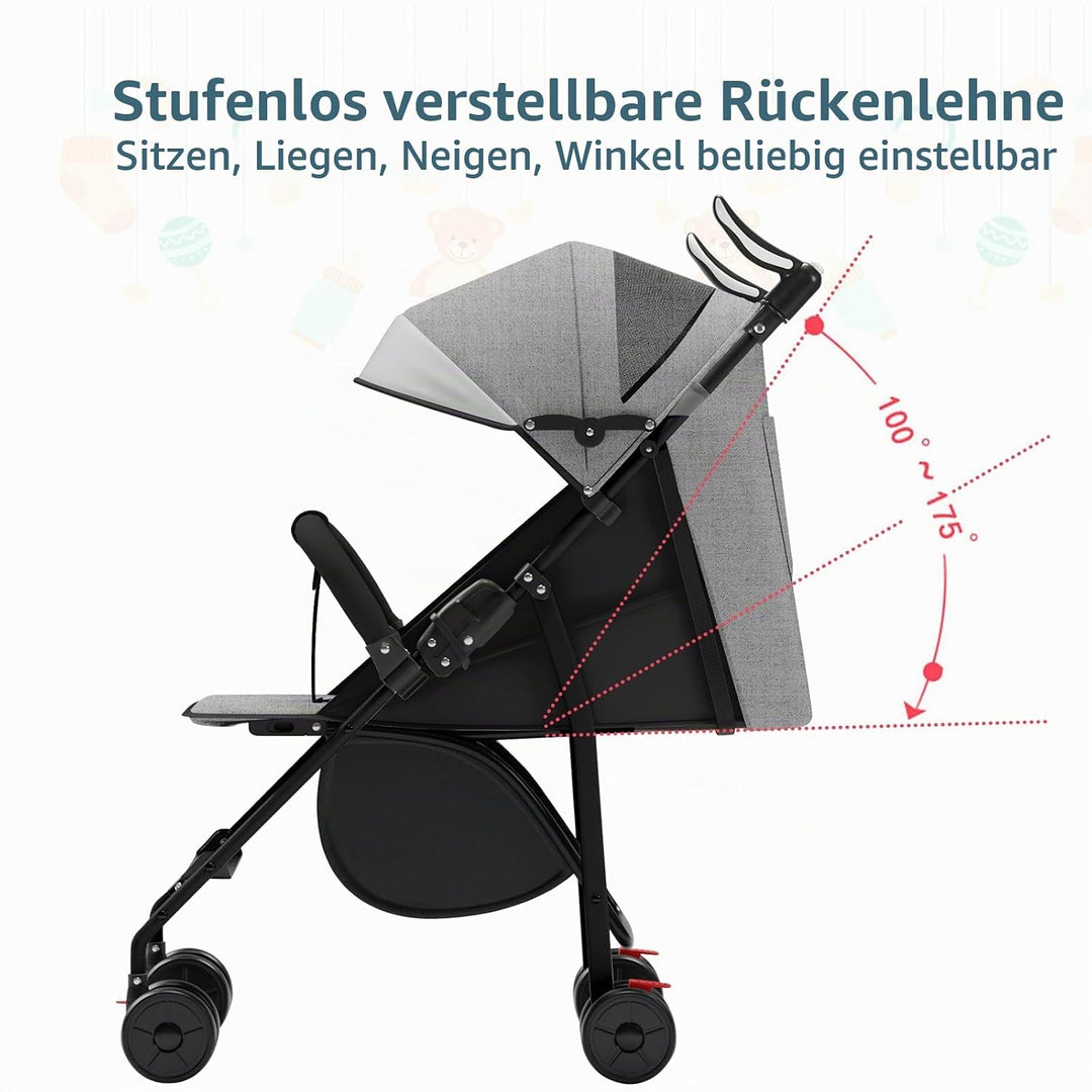 Kompakter Kinderwagen, 0 – 36 Monate, faltbar, mit Aufbewahrungskorb, Rückenlehne, neigbare Rückenle